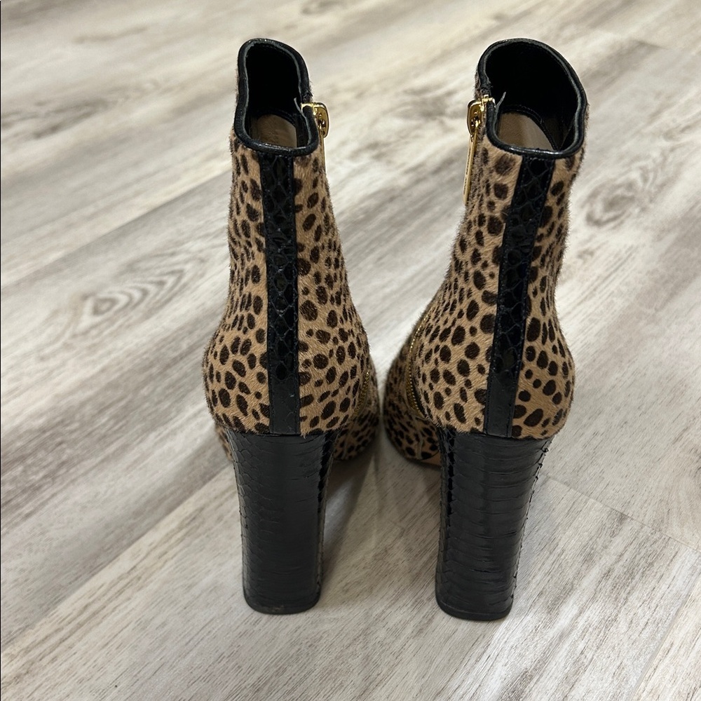 Michael Kors Leopard Calf Hair Embossed Leather Gold Zip Chunky Heel Ankle Boots - Picture 12 of 16